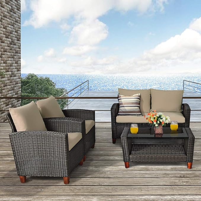 Tangkula 8 Pieces Patio Rattan Furniture Set, Outdoor Wicker Conversation Set with Seat & Back Cushion,and Tempered Glass Coffee Table with Shelf, for Porch, Poolside, Backyard, Garden