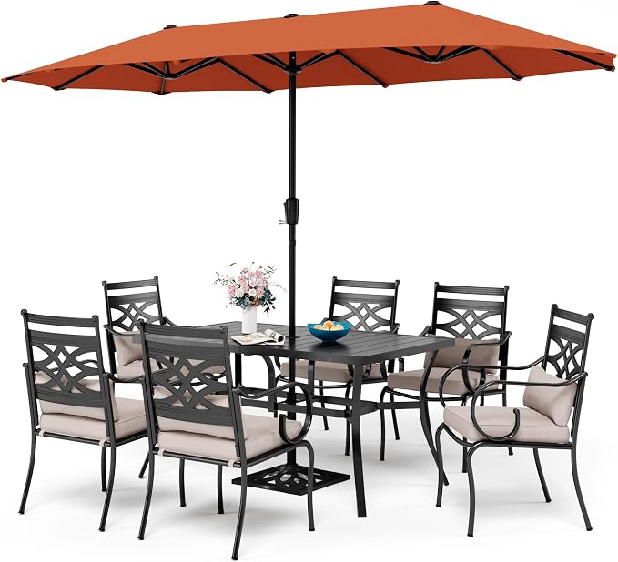 Sophia & William Patio Dining Set, 13ft Umbrella, Black | E-Coated,Padded Cushions