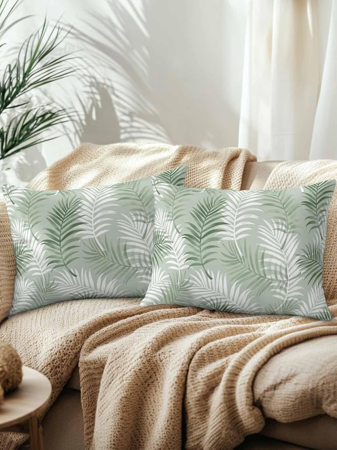 Waterproof Outdoor Pillow Set of 2 Green Tropical Palm Leaves Decorative Throw Pillows Cover & Insert 20x12 Inch Lumbar Pillowcase Summer Jungle Foliage Pillows for Couch Sofa Bed Patio Furniture