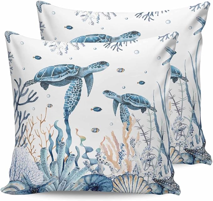 Outdoor Pillow Covers 24 x 24 in, Blue Sea Turtle Waterproof Throw Pillow Cover Set of 2, Ocean Beach Coral Nautical Coastal Shell Home Decorative Square Cushion Covers for Patio/Couch/Garden