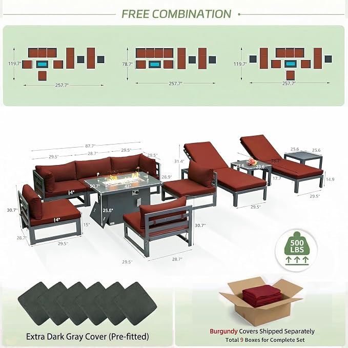 RADIATA 8 Person Modern Aluminum Outdoor Patio Furniture Set with Chaise & Firepit Table, 29 inch Wide Deep Seat, All Weather Modular Sectional Couch, Oversized Conversation Set for Garden Deck, Red