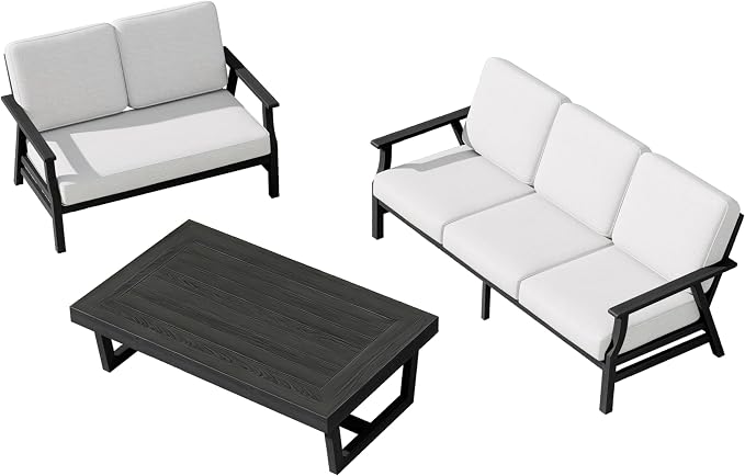 3 Pieces Patio Furniture Sets, Black Wood Outdoor Sectional Furniture with Coffee Table, 5 Seats Patio Sofa Couch Conversation Set for Backyard Deck - Beige