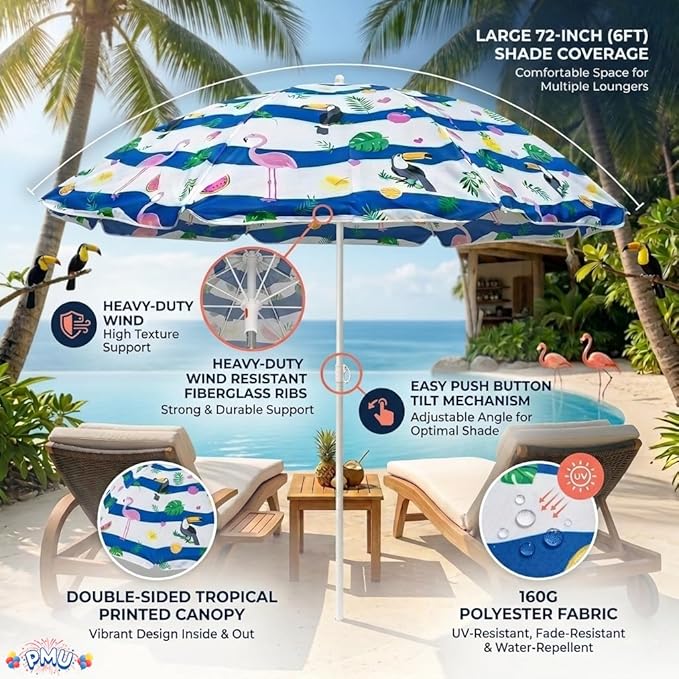 PMU 24 Pcs 6ft Tropical Beach Umbrella – Blue & White Stripes with Flamingo, Toucan & Leaf Print, 72in Open, 160G Polyester, Large Outdoor Patio Pool Parasol Umbrella for Garden, Deck, Backyard & Pool