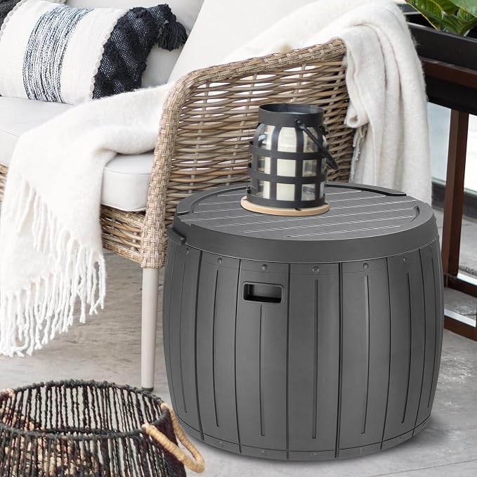 36 Gallon Round Deck Box,Resin Pool Storage Bins,Patio Furniture Outdoor Storage Boxes,Waterproof Garden Utility Tool Box,with Lid & Side Handles,for Outside Indoor Garage Lawn Backyard (Grey)