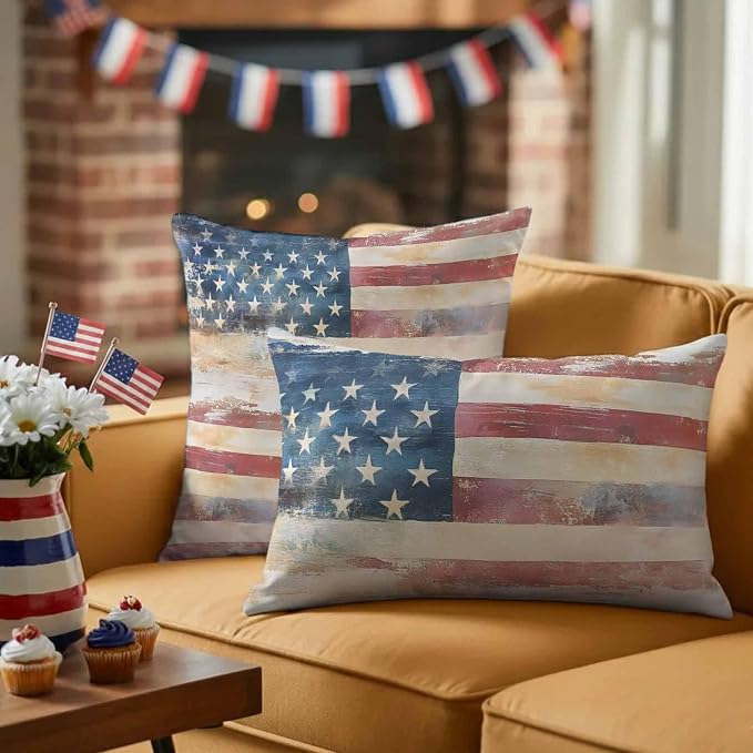 Retro American Flag Outdoor Pillow Covers 16"x16" Set of 2, Independence Day Waterproof Throw Pillow Covers for Patio Furniture, Decorative Cushion Covers for Porch