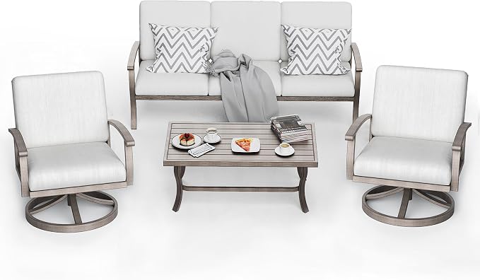 HAPPATIO 4 Piece Aluminum Patio Furniture Set, 5-Person Outdoor Swivel Chairs and 3-Seat Sofa, All-Weather Outdoor Sectional Sofa with Comfortable Cushions and Coffee Table(Gray)