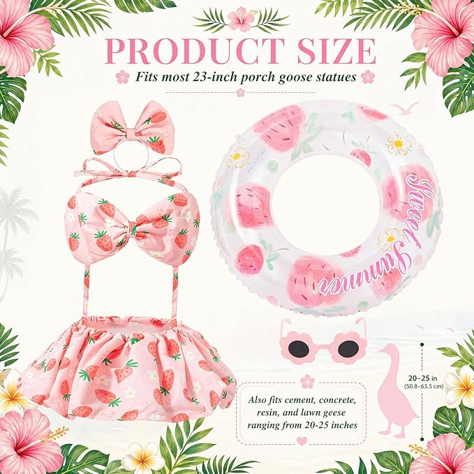 Summer Porch Goose Outfit with Sunglasses and Swim Ring for 23" Goose Statue Hawaiian Bikini Goose Outfits Porch Goose Clothes Costume for Garden Lawn Yard Decor(Strawberry)