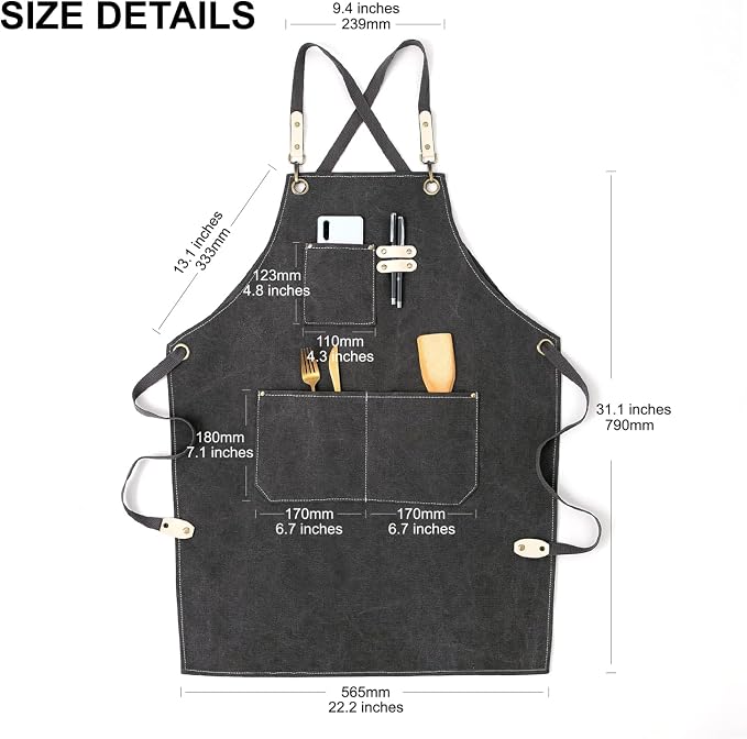 Hongsome Cotton Canvas Cross Back Apron for Art Painting Garden Chef Bartender Work,Women Men 3 Pockets Waterproof M-XXL