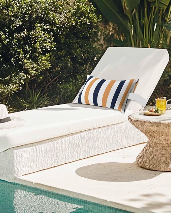 Pack of 2 Outdoor Lumbar Pillow Covers 12x20 Inch, Burnt Orange Navy Blue Striped Waterproof Throw Pillow Covers Set, Farmhouse Stripe Art Indoor&Outdoor Decorative Cushion Cases for Patio Porch Beach