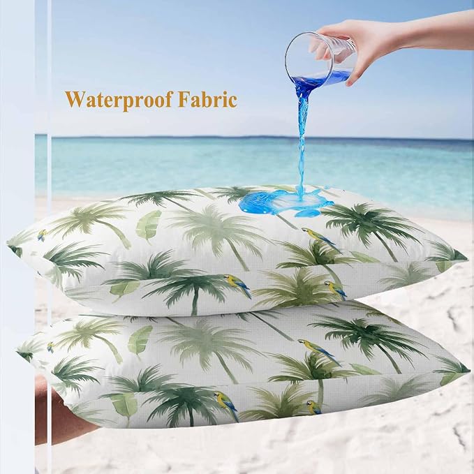 Yukro Summer Palm Tree Parrot Outdoor Waterproof Pillow Covers Pack of 2, Tropical Green Leaf Bird Throw Pillowcases Decorative Cushion Covers for Garden Patio Tent Sofa Couch, 20x12 inch