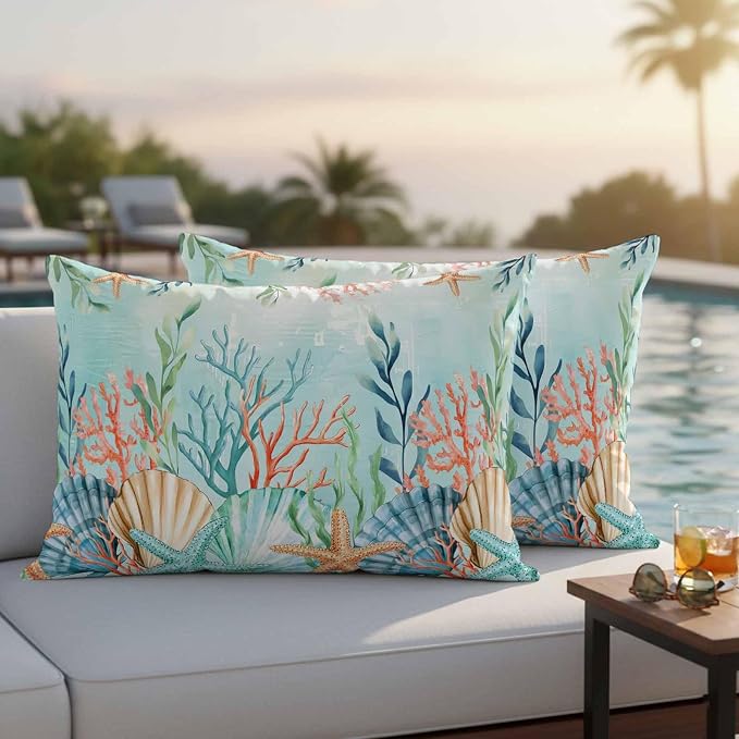 Lumbar Pillow Covers 20x12 Inch Set of 2, Ocean Starfish Seaweed Waterproof Outdoor Pillow Covers, Summer Coastal Beach Shell Coral Teal Decorative Cushion Pillowcases for Couch, Sofa, Bed, Patio