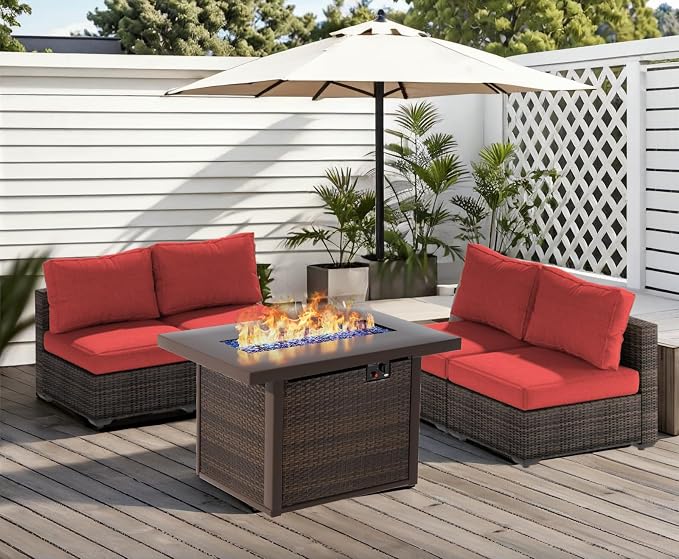 Patio Furniture Set Fire Pit Table 9 Piece All Weather PE Rattan Outdoor Sectional Sofa Couch with 8 x armless Sofa, No-Slip Cushions for Garden, Poolside, Backyard (Red)