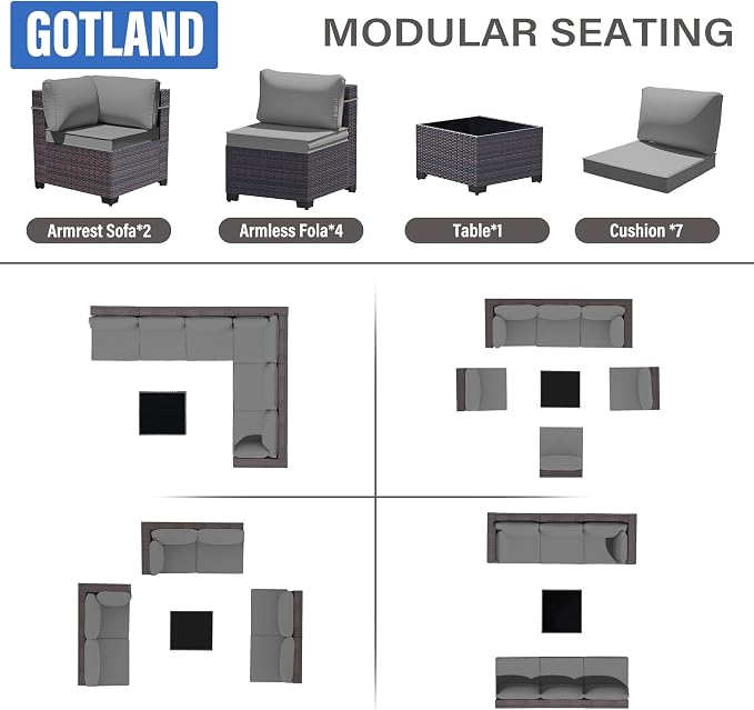 Gotland 7 Pieces Patio Furniture Set with 4’’ Thick Cushions, All-Weather PE Rattan Patio Set with 29.5'' High Backrest, Outdoor Furniture with Coffee Table for Porch Deck Garden Grey