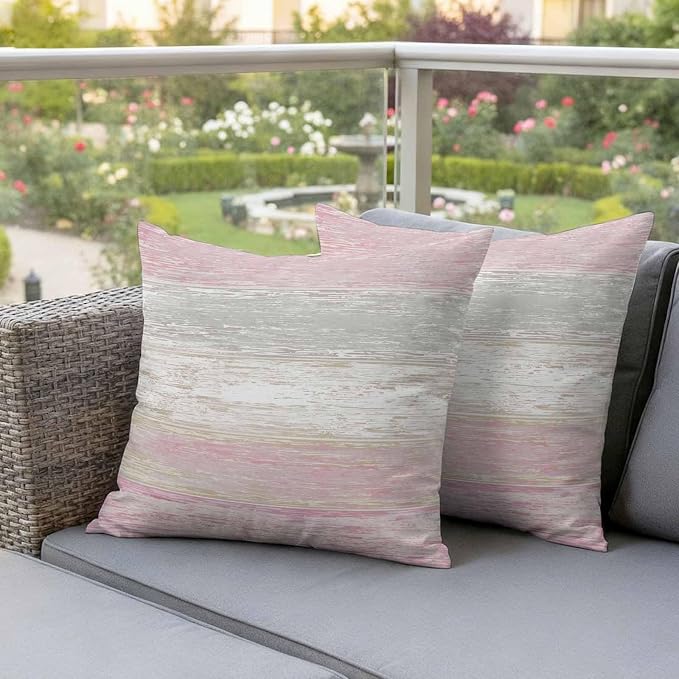 Outdoor Waterproof Throw Pillow Covers, Vintage Pink Grey Decorative Pillow Cases, Farmhouse Barn Wooden Striped Couch Pillow Protector Patio Sofa Cushion Covers Replacement 20"x20" 2 Pack