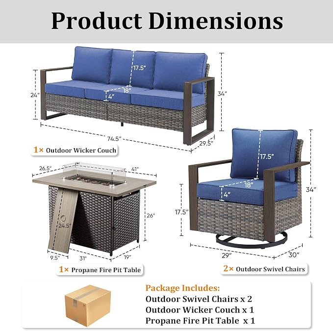 High Back Patio Furniture Set with Fire Pit Table, 4-Pieces Outdoor Furniture with Metal Arm Swivel Chairs, Wicker Conversation Set for Porch, Balcony, Deck and Yard, Grey/Blue