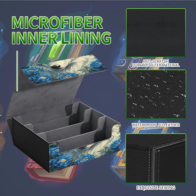 Large Card Deck Box for MTG, Fits 1200+ Sleeved Cards, PU Leather Storage Case with Strong Magnetic Closure, Multiple Colors for TCG CCG Baseball Card Collections, Purple Flower Wolf