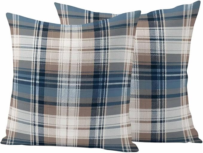 Outdoor Waterproof Throw Pillow Covers Set of 2 Blue Brown Buffalo Plaid Pillowcases 16x16 Inches Check Plaid Decorative Pillows Cushion Case Patio Pillows for Couch Bed Chair Garden