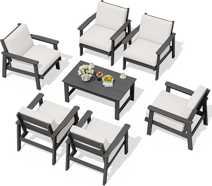 SERWALL HDPE Outdoor Furniture Set, 7 Piece All Weather Wood-Like Outdoor Sofa Sectional Couch, Grey Patio Furniture Set with Khaki Cushions
