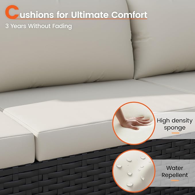 8 Piece Patio Furniture Set with 43" Fire Pit Table, Outdoor Sectional Wicker Rattan Sofa Set with Coffee Table (White/Black)
