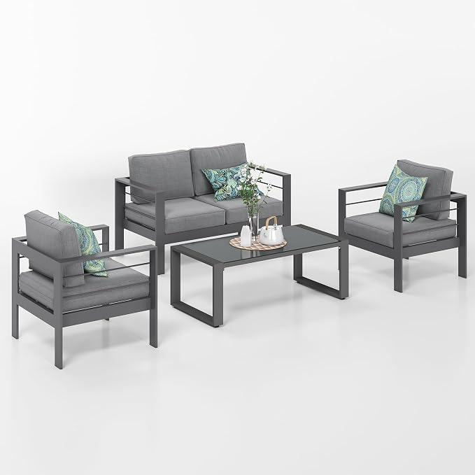 Solaste Outdoor Aluminum Furniture Set - 4 Pieces Patio Sectional Chat Sofa Conversation Set with Tempered Glass Table top Coffee Table,Grey