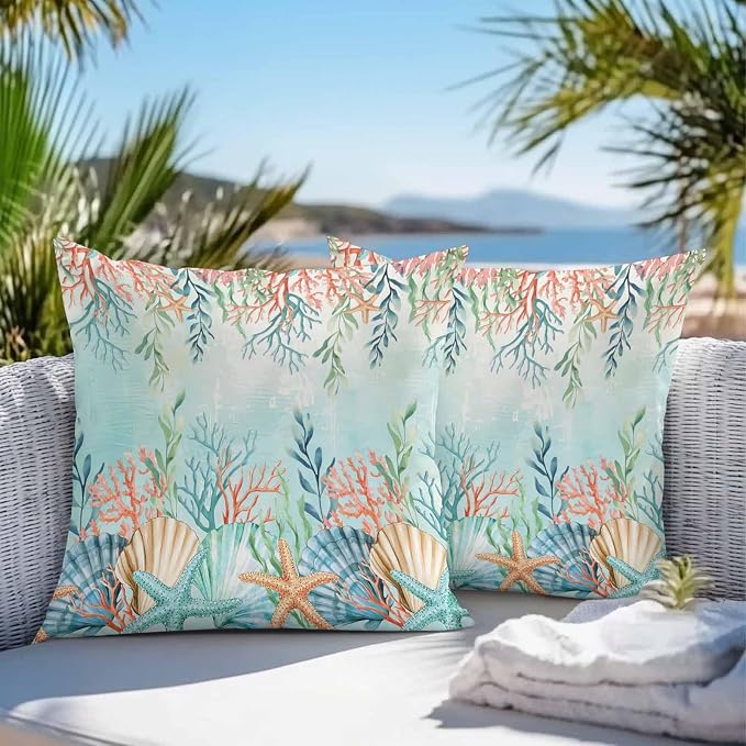 Throw Pillow Covers 16x16 Inch Set of 2, Ocean Starfish Seaweed Waterproof Outdoor Pillow Covers, Summer Coastal Beach Shell Coral Teal Decorative Cushion Pillowcases for Couch, Sofa, Bed, Patio