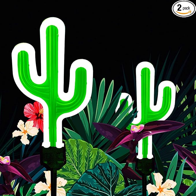 Solar Cactus Neon Lights Outdoor Decor- 2 Pack 41.3 In Gifts for Mom Woman, Garden Stake Decorative LED Lights Waterproof Path Lighting for Christmas Yard Lawn Patio Walkway Driveway Sidewalk Decor