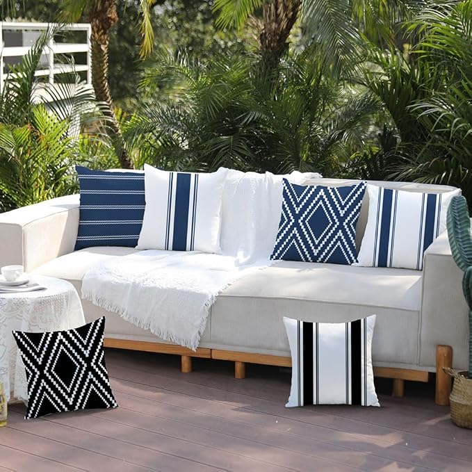 DFXSZ Outdoor Navy Blue Waterproof Geometry Pillow Covers 18x18 Set of 4 | Spring Summer Waterproof Modern Throw Pillowcases（No Inserts） Outdoor Decor for Patio Funiture Garden Polyester Covers