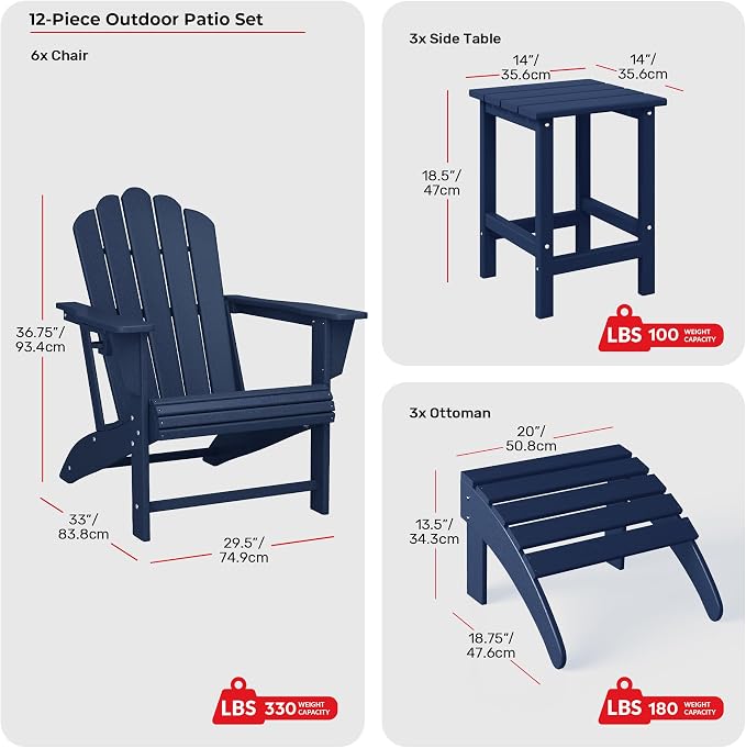 Costaelm Lakeview 12-Piece HDPE Outdoor Patio Furniture Adirondack Chair Conversation Table Set, Navy Blue