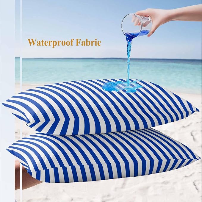 Lumbar Pillow Covers 20x12 Inch Set of 2, Navy Blue Stripe Waterproof Outdoor Cushion Covers, Modern White Vertical Striped Geometric Decorative Pillowcases for Couch, Sofa, Bed, Garden, Patio