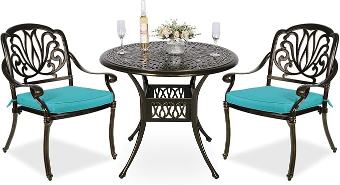 MEETWARM 3 Piece Patio Bistro Set, Outdoor All-Weather Cast Aluminum Dining Furniture Set Includes 2 Cushioned Chairs and a 35.4” Round Table with Umbrella Hole for Garden Deck, Ocean Blue