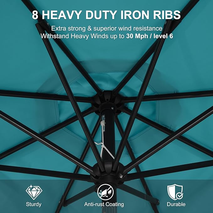 PURPLE LEAF 9' Round Patio Umbrella Outdoor Table Umbrella Aluminum Frame Market Umbrella with 8 Sturdy Ribs & Tilt for Garden Deck Lawn Pool Turquoise Blue