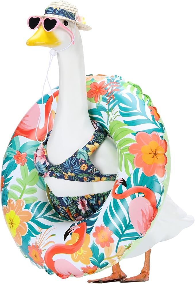 Hawaiian Porch Goose Outfits for 23 Inch Lawn Statue | Summer Bikini with Swim Ring Costume for Cement Statue, Tropical Sculpture Clothes for Swimming Pool Party Beach Decoration