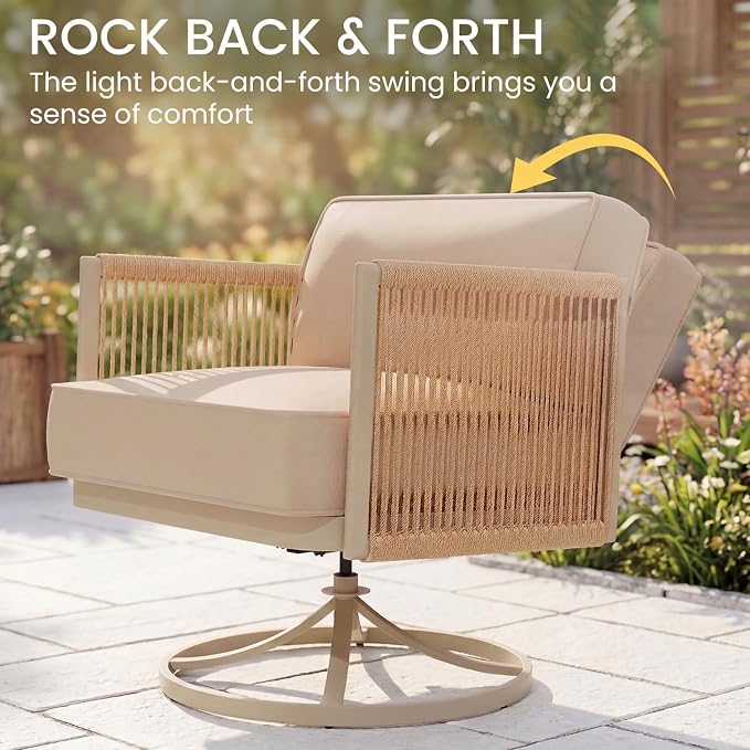 EROMMY 5 Seats Patio Furniture Set, Metal Frame Outdoor Swivel Glider Rocking Chairs with 6" Thick Cushions, 3-Seat Sofa & Coffee Table, Patio Conversation Sets for Backyard, Poolside & Balcony, Beige