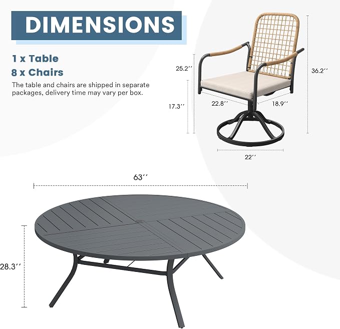 DIFY 9 Pieces Outdoor Dining Set, Metal Patio Table and Chairs Set for 8, 63" Round Dining Table with Umbrella Hole & Wicker Swivel Patio Chairs with Cushions, Grey Tabletop