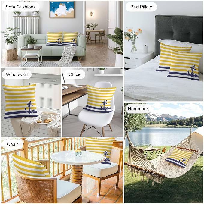 Throw Pillow Covers 16x16 Inch Set of 2, Yellow Striped Waterproof Outdoor Cushion Covers, Navy Blue Nautical Anchor Geometric Decorative Pillowcases for Couch, Sofa, Bed, Garden, Patio