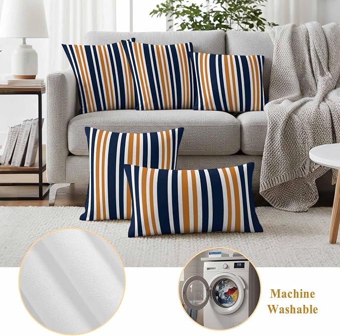 Waterproof Pillow Covers Set of 2,Orange Dark Blue Striped Outdoor Pillow Protectors with Zipper Pillowcases for Patio Tent Garden Beach 18x18 Inches Modern Minimalist Art