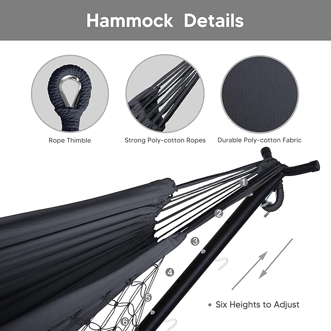 SUNCREAT 2-in-1 Hammocks Convertible Portable Double Hammock with Stand Included, Outdoor Hammock and Stand, Patented, Dark Grey with Tassel