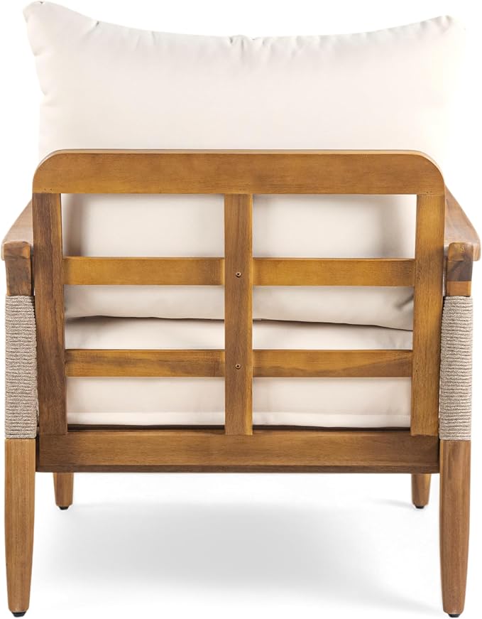 Merax Woven Rope Patio Club Chair, Acacia Wood Outdoor Armchair | Teak-Finish Acacia Frame, Woven Rope Seat, Thick Cushion, Deep Seating For Patio, Porch, Garden, Backyard Or Balcony