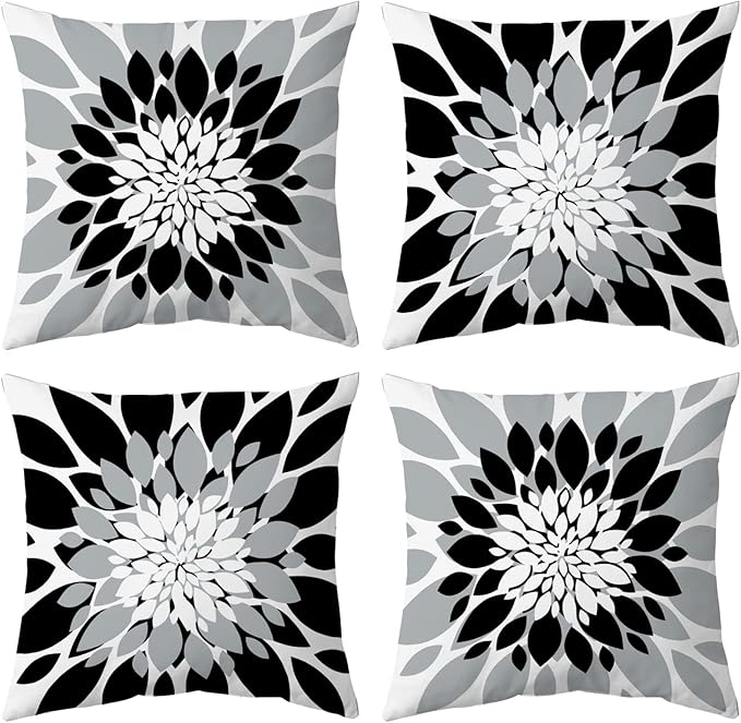 Pack of 4 Outdoor Waterproof Pillow Covers 20x20 Decorative Outdoor Throw Pillows Garden Square Cushion Cases for Patio Furniture, Couch, Tent Sunbrella, Bench, Black Grey