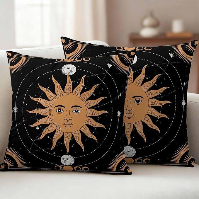 Celestial Sun and Moon Waterproof Outdoor Pillow Covers Set of 2 Home Decor, Black Sky Gold Star Boho Pillowcase Patio Pillow Covers for Couch Bench Patio Furniture Garden 26x26in