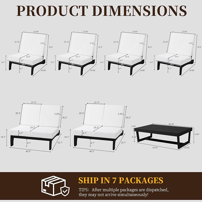 7 Pieces All Weather Black Wood Patio Furniture Sets, 2 Patio Loveseat, 4 Patio Bistro Chair, Outdoor Sectional Sofa Furniture Backyard Conversation Set with Coffee Table - Beige