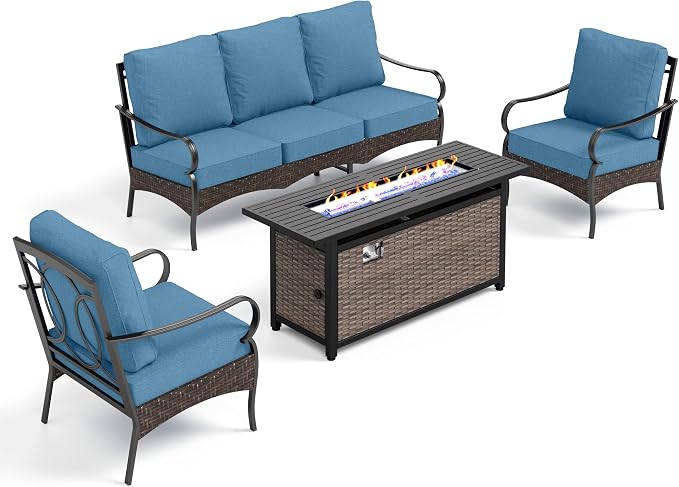 Patio Furniture Set with 56" Fire Pit Table, Premium Outdoor Wicker Metal Frame Furniture with Upgraded Waterproof Thick Cushions for Porch, Poolside, Deck, and Yard （4 Pieces,Navy
