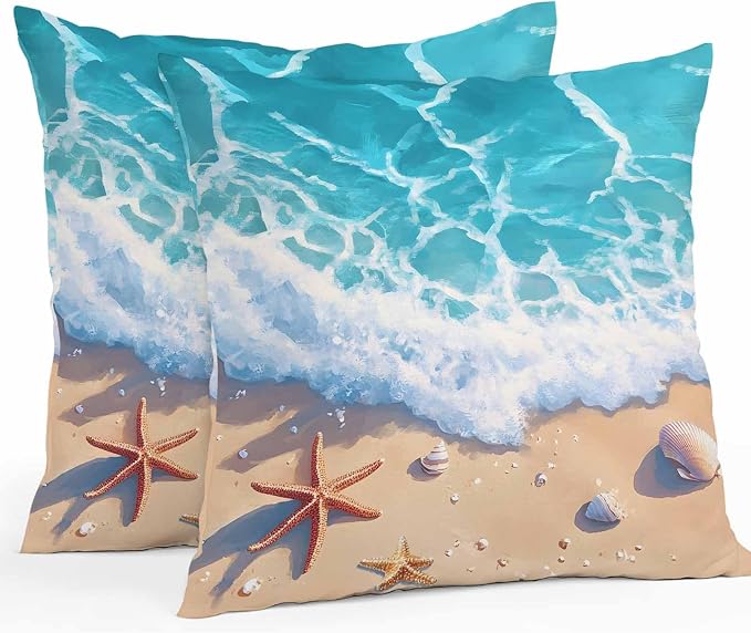 Ocean Beach Waterproof Outdoor Pillow Covers Set of 2 Home Decor, Coastal Nautical Starfish Shells Sea Waves Pillowcase Patio Pillow Covers for Couch Bench Furniture Garden 18x18in