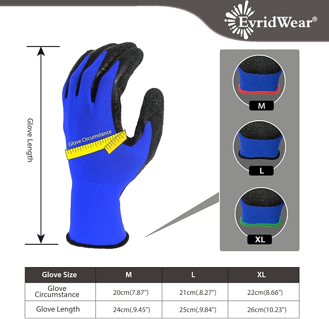Evridwear Crinkle Latex Rubber Coated Safety Work Gloves for Men Women | 12-Pair Bulk Pack,Non-slip,General Multi Use for Gardening Construction Warehouse Assembly Landscaping (Blue,Medium)