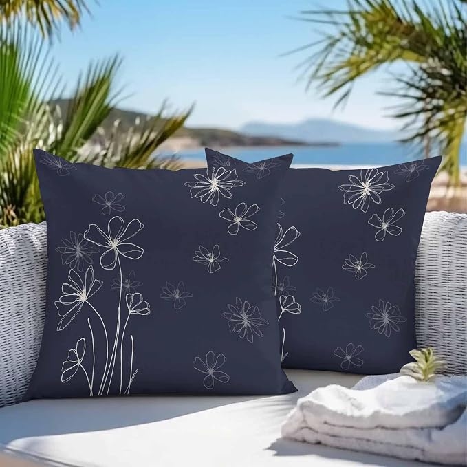 Throw Pillow Covers 18x18 Inch Set of 2, Navy Blue Waterproof Outdoor Pillow Covers, Spring Flora Decorative Cushion Pillowcases for Couch, Sofa, Bed, Garden, Patio