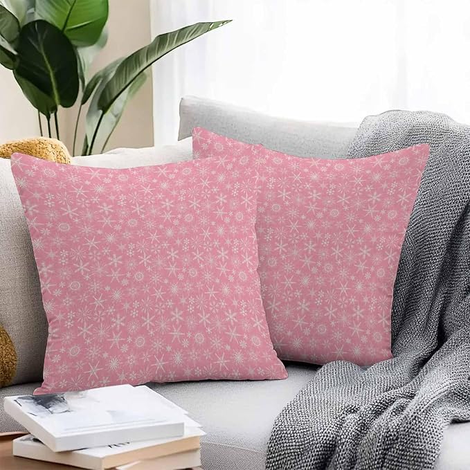 Pink Christmas Outdoor Pillow Cover 24x24 Inch Cushion Sham Case, Farmhouse Winter Xmas Beige Snowflakes Waterproof Decorative Square Throw Pillowcase for Outside Garden Patio Porch Couch Chair Tent