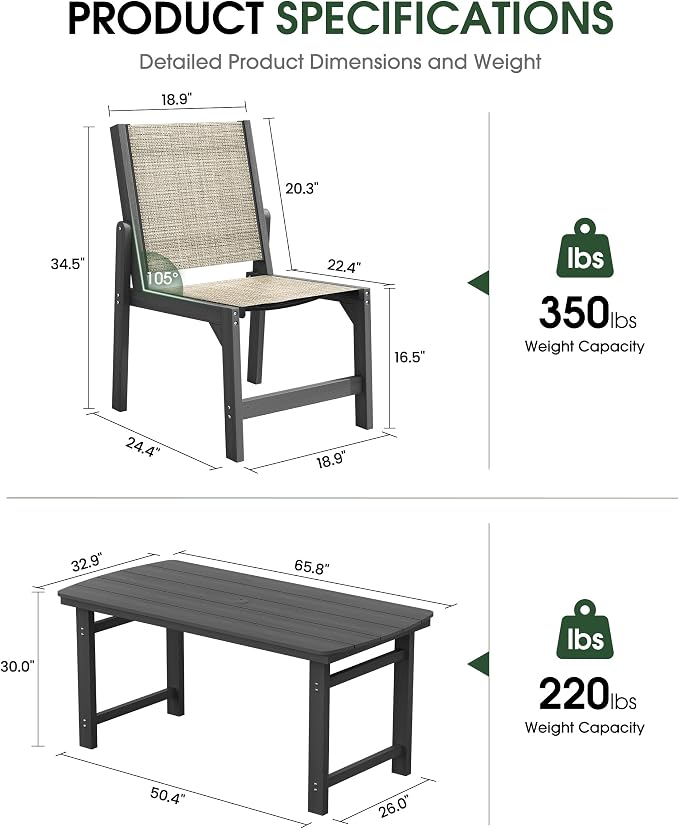 HDPE Outdoor Patio Dining Set with Table & 6 Stackable Armless Textilene Chairs, All-Weather 7-Piece Dining Table Set with Umbrella Hole, Patio Furniture for Garden, Poolside, Backyard, Deck | Grey