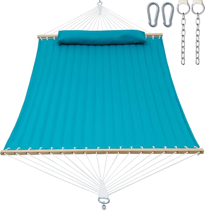 GAFETE Hammock 2 Person Quilted Fabric Hammocks for Outside, Double 12ft Hammocks with Spreader Bar, Large Removable Pillow, Storage Bag, Carabiners, Max 475 lbs Capacity (Canyon Creek Aqua)
