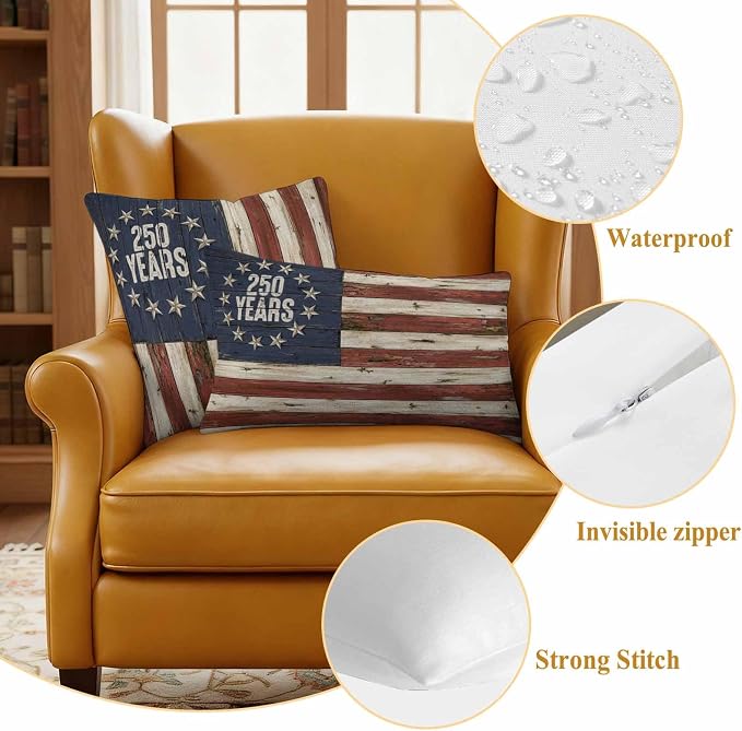 250 Year Anniversary USA 4th of July Vintage Wood Decorative Garden Pillowcase with Zipper Cushion Case for Patio Couch Tent