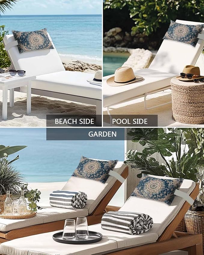 Outdoor Lumbar Cushions with Inserts, Blue Classic Medieval Retro African Pattern Waterproof Fluffy Fade Body Pillows, Patio Furniture Pillow for Home Balcony Garden Decor 11x16IN